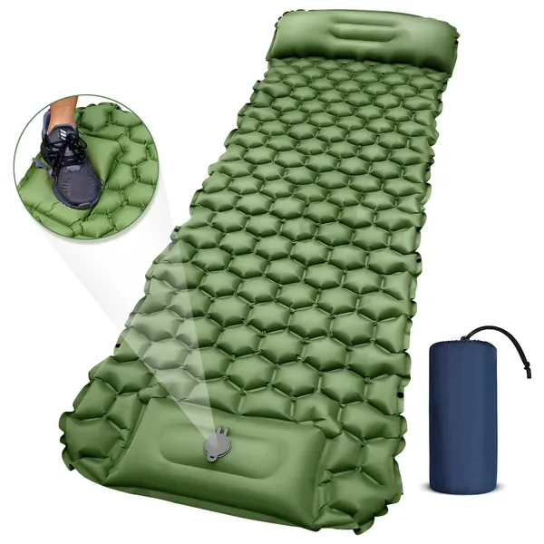Camping Sleeping Pad, Ultralight Camping Mat with Pillow Built-in Foot Pump Inflatable Sleeping Pads Compact for Camping Backpacking Hiking Traveling Tent - 