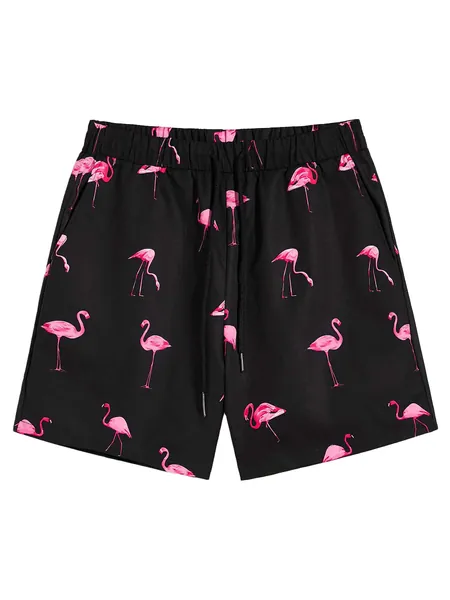 Floerns Men's Boho Tribal Print Drawstring Waist Summer Shorts with Pocket - Large Black Flamingo