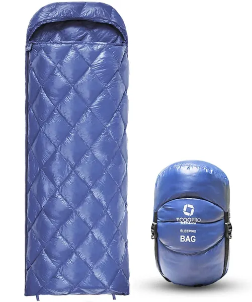 ECOOPRO Down Sleeping Bag, 32 Degree F 800 Fill Power Cold Weather Sleeping Bag - Ultralight Compact Portable Waterproof Camping Sleeping Bag with Compression Sack for Adults, Teen, Kids - Blue Rectangle