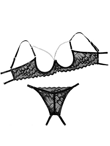 Lilosy Sexy Underwire Floral Lace Sheer Lingerie Set for Women See Through Bra and Panty 2 Piece - Medium - Chain Black