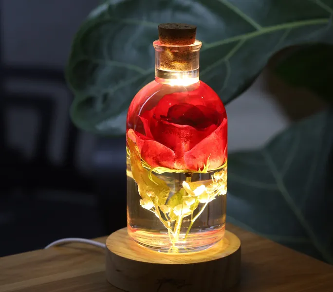 Real Rose Flower Night Light, Real Flower Crystal, Flower Epoxy Resin Nightlight, Epoxy Wood Rustic Table Lamp, gift for girl