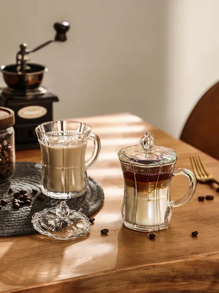 Vintage Style Glass Coffee Mug with Lid, European Glass Mug, Antique Glassware, Hot and Cold Drinkware Glass Cup