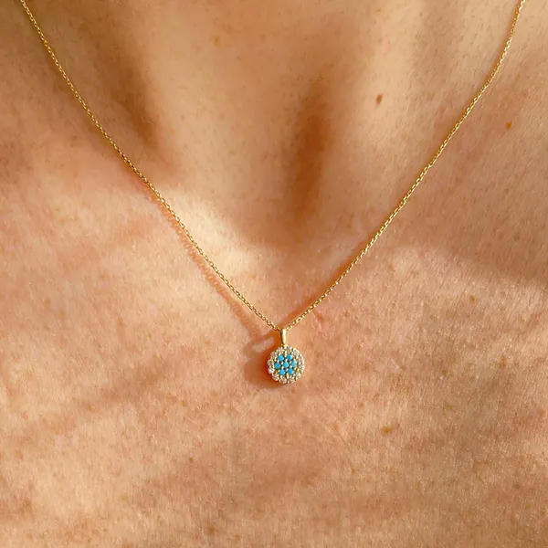 14K Gold Minimalist Turquoise Gemstone Necklace | Blue Diamond Pendant | Round Pendant | Sagittarius | December Birthday | Birthstone