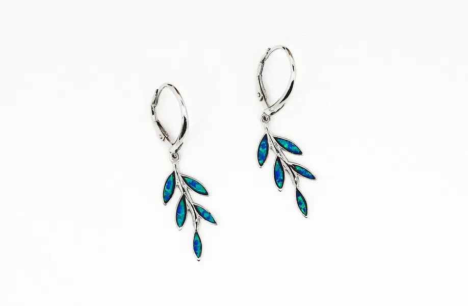 Blue Opal Olive Tree Branch Leaf Earrings, Greek Jewelry from Greece, Silver 925 Blau opal Olivenzweig Olivenblatt Branche Feuille d'olivier