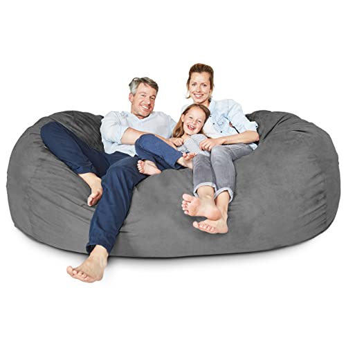 Lumaland Luxurious Giant 7ft Bean Bag Chair with Microsuede Cover - Ultra Soft, Foam Filling, Washable Jumbo Bean Bag Sofa for Kids, Teenagers, Adults - Sack Chair for Dorm, Family Room - Dark Grey - 7 Foot - Dark Grey