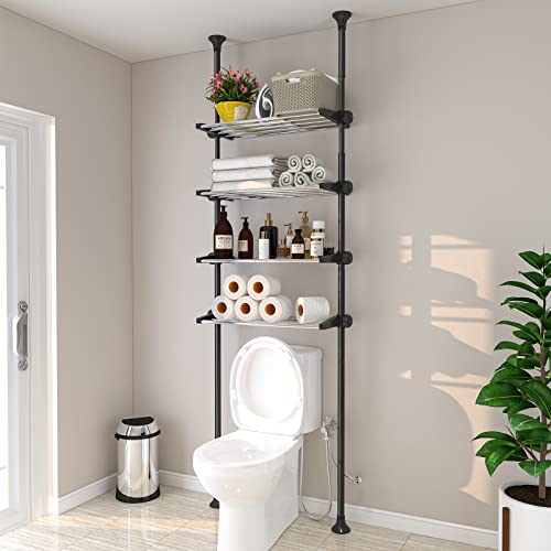 MIYA Over The Toilet Shelves, Floor to Ceiling Tension Pole Bathroom Organizer Over Toilet Storage, 8-9.5 FT Height Adjustable Shelf, 4-Tier Freestanding Rack, Small Room Space Saver, Rustproof - Black