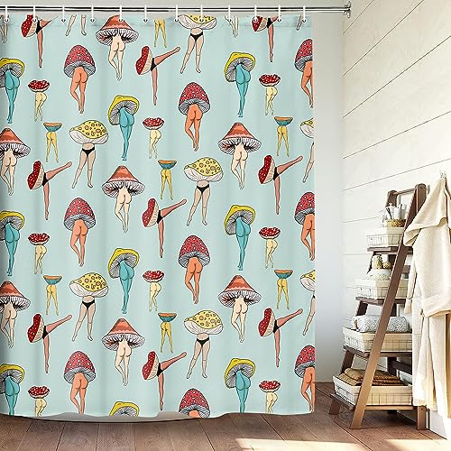 Funny Mushroom Butt Shower Curtain, Fun Cute Sexy Butt 70S 80S Fabric Shower Curtains for Bathroom Hippie Psychedelic Aesthetic Colorful Unique Cool Cloth GreenShower Curtain with 12 Hooks 70X70IN… - Green - 70.00" x 70.00"