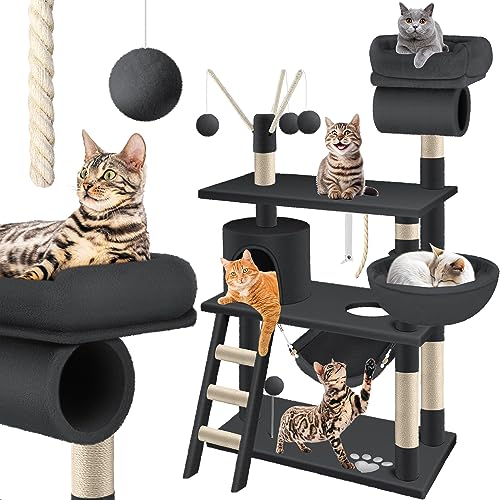 LOVPET® Kratzbaum Katzenbaum Kletterbaum mit Hängematte Sisalstämme stabil extra breit Treppe Höhlen Spielbälle SpielSisal Spielseil Höhe 143 cm mit vielen Spielmöglichkeiten dunkelgrau - dark/grey