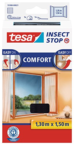 tesa Insect Stop COMFORT Fliegengitter für Fenster - Insektenschutz mit Klettband selbstklebend - Fliegen Netz ohne Bohren - anthrazit (durchsichtig), 130 cm x 150 cm - 1,3m:1,5m - 1 Stück - Anthrazit (Durchsichtig)