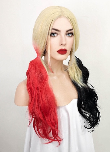 Blonde Harley Quinn Synthetic Red Black Ponytail Wavy Lace Front Wig LF1576A | Blonde With Red  Black