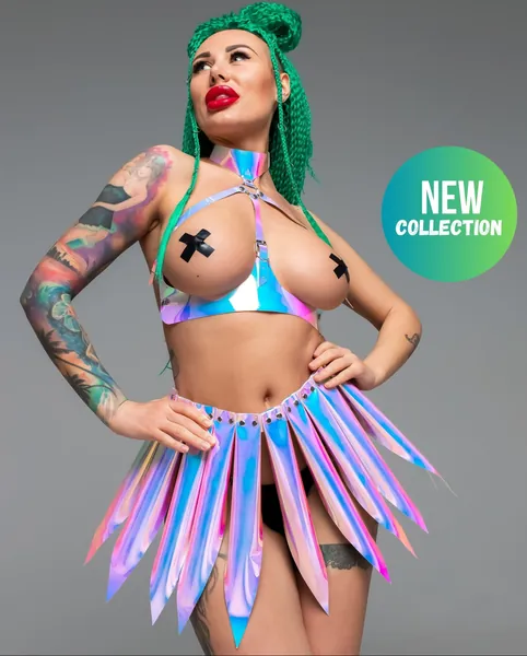 Vibrant Neon Vegan Leather Festival Set: Top & Skirt