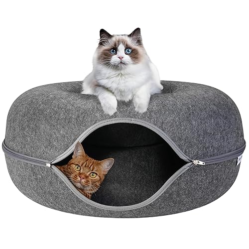 Emory Lane - Premium Cat Cave for Small Pets, Multifunctional Donut Tunnel Bed for Indoor Pets, Round Felt Pet Cave with Premium Zipper, for Pets up to 40 Lbs (24x24x11 Inch) (Dark Gray) - Dark Gray