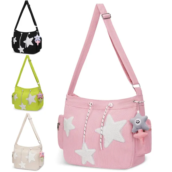 Cute Tote Bag for Women, Aesthetic Canvas Crossbody Bag Y2k Star Hobo Shoulder Purse Preppy Kawaii Zipper Messenger Bag - Pink-corduroy