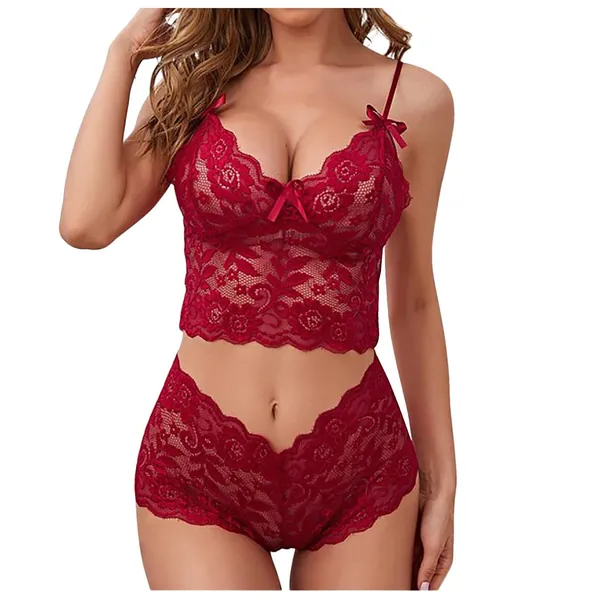 ZPLxi 2 Piece Women's Lace Bra and Panty Set Bralette Lingerie V Neck Nightwear Satin Sleepwear Babydoll Bodysuit - Small - Red