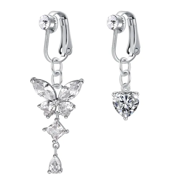 QWALIT Fake Belly Piercing Fake Belly Ring Fake Belly Button Piercing Fake Belly Button Ring Clip On Belly Button Rings Fake Belly Rings Clip On Belly Button Piercing Silver Gold - B1-Heart+Butterfly-Silver