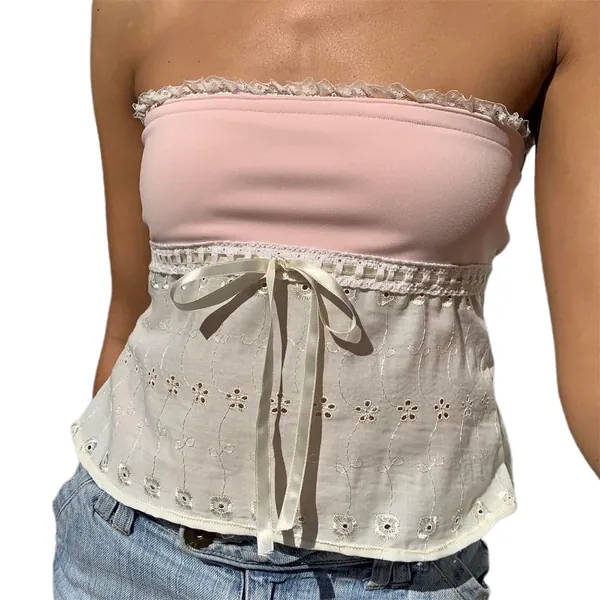 NZNDSHD Women Summer Y2k Sleeveless Tube Tops Off-Shoulder Backless Crop Bandeau Tops Sexy Strapless Vest Shirt Streetwear - Small - I-lace Patchwork Pink