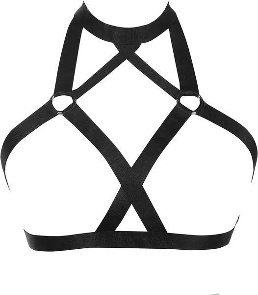Worldtree Women Harness Elastic Band Lingerie Cupless Cage Bra Punk Gothic Hollow Out Rave Dance Apparel Black