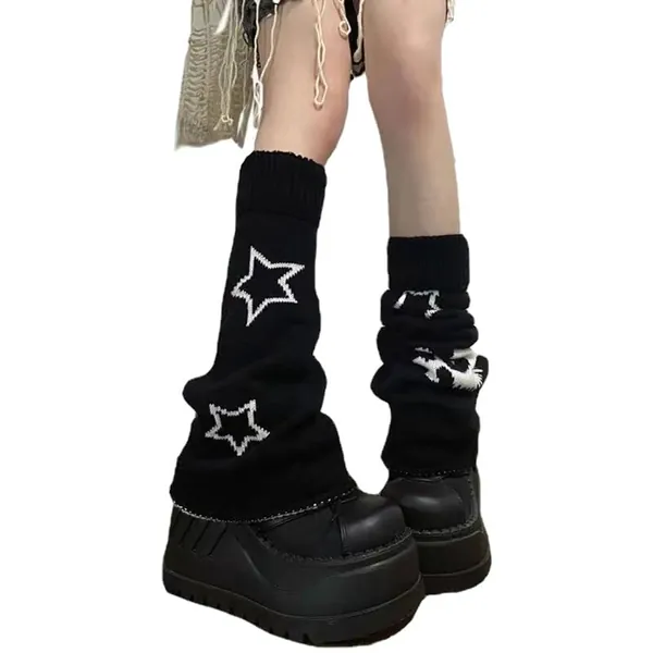 Cimvide Women Grunge Star Skull Print Leg Warmers Y2k Harajuku Japanese Lolita Knit Long Socks Gothic Punk Leg Warmers Kawaii