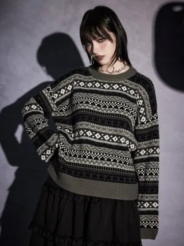 ROMWE Goth Geo Pattern Drop Shoulder Sweater