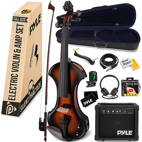 Pyle Full Size Electric Violin and Amplifier Kit, 4/4 Solid Wood Silent Fiddle with Hard Case, Bow, Ebony Fittings, and Digital Tuner - inc. Amplifier