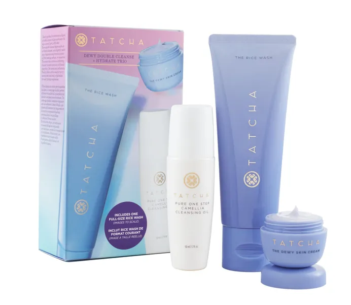 Tatcha Dewy Double Cleanse + Hydrate Trio: The Rice Wash, The Dewy Skin Cream & Pure One Step Camellia Oil Cleanser - 