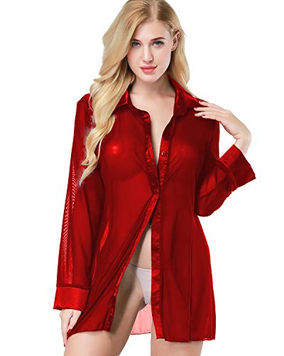 ETAOLINE Women's Sexy Sheer Sleepshirt Pajamas Long Sleeve Mesh Blouse Lingerie - XX-Large - Wine Red