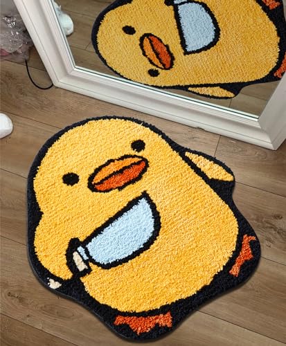 Cute Duck Bath Mat for Bathroom Non Slip Machine Washable, 24’’W x 26’’L Yellow Funny Animal Funky Bathroom Rugs Microfiber Shaggy Floor Mat, Aesthetic Fun Cool Throw Rug Chick with Knife Meme Rug - 24''W x 26''L - Yellow and Black