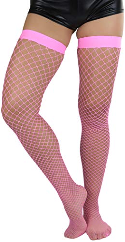 ToBeInStyle Women’s Bright and Vibrant Fishnet Thigh High Stockings - One Size - Classic Net - Neon Pink