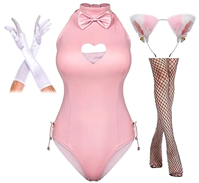 Yuriko Womens Bunny Costume Girl Suit Button Crotch Romper Onesie Bodysuit Cosplay Costume Furry Cat Ear Gloves Socks set(Pink 2XL)