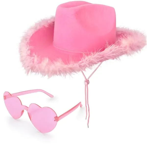 Lshfwn Pink Cowboy Hat with Heart Shaped Sunglasses,Pink Cowgirl Hat with Feather Boa,Pink Felt Cowgirl Hat for Party Costume Dress Up,Cowboy Themed Party,Bachelorette Party