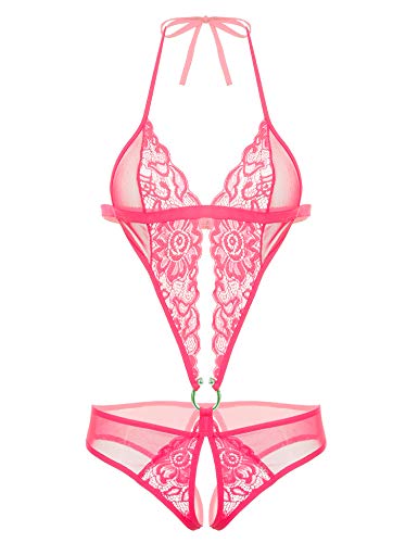 Avidlove Women Deep V Lingerie Lace Teddy One Piece Babydoll Mini Bodysuit - Large - Rose Red