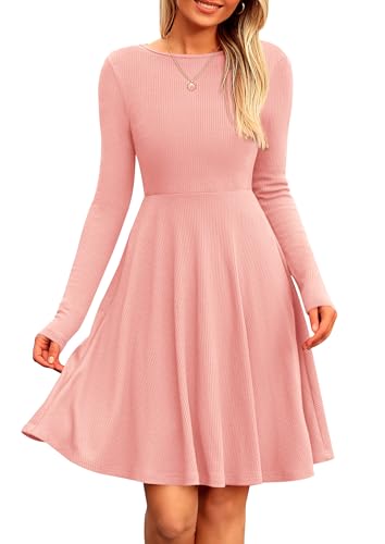 PRETTYGARDEN Women's Fall Short Dress Ribbed Knit Crewneck Long Sleeve A Line Flowy Casual Elegant Cute Going Out Dresses - Pink - Small