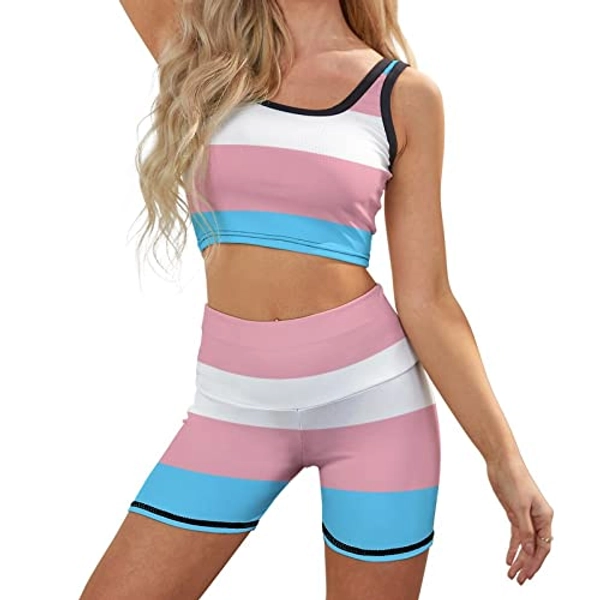 Transgender Pride Flag LGBT Women's Yoga Set 2 Piece Gym Workout Sets Crop Sports Bra & High Waist Shorts Outfits