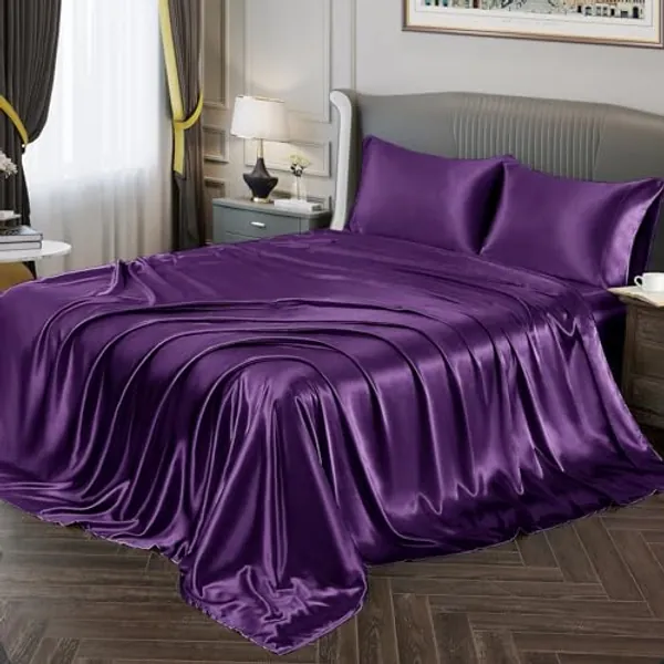 Vonty Satin Sheets Twin Silky Soft Satin Bed Sheets Dark Purple Satin Sheet Set, 1 Deep Pocket Fitted Sheet + 1 Flat Sheet + 1 Pillowcases