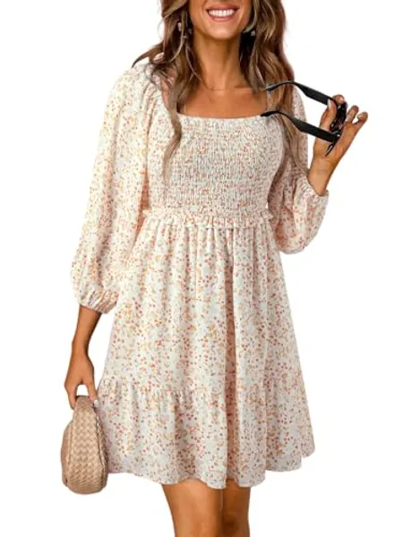 Dokotoo Womens Summer Dresses 2024 Boho Floral Square Neck Smocked 3/4 Sleeve Casual A-Line Swing Mini Babydoll Dress