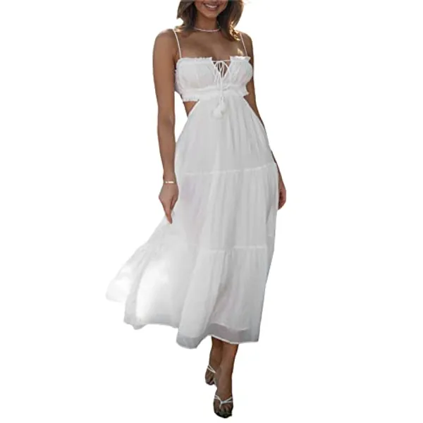 Women Bustier Long Dress Square Neck Low Cut Sleeveless Summer Boho Midi Dress Lace Trim A-Line Sundress (2-Backless Dress White, S)