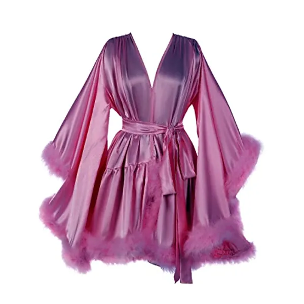 Women's Feather Fur Robe Silk Satin Bridal Dressing Gown Sexy Illusion maternity lingerie for photoshoot