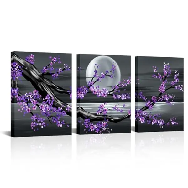 LoveHouse Purple and Black Canvas Wall Art Cherry Blossom Paintings Pictures Prints Full Moon Landscape for Bedroom