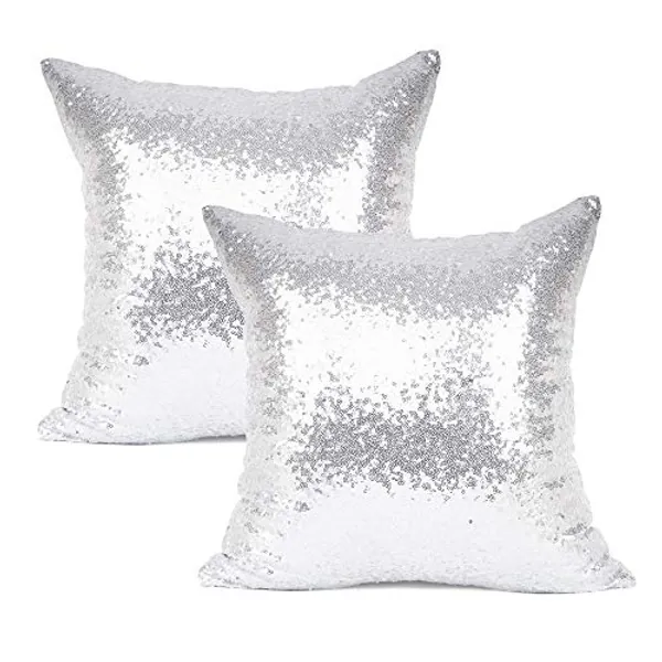 YOUR SMILE Pack of 2, New Luxury Series Silver Decorative Glitzy Sequin & Comfy Satin Solid Throw Pillow Cover Cushion Case for Wedding/Christmas,18" x 18"