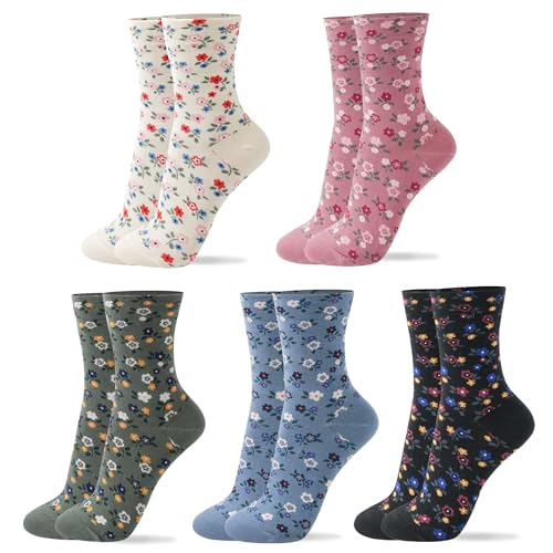 Women Crew Socks | 5-6 Pairs Flower Graphic Print Rainbow Tube Striped Design Polka Dot Leopard Pattern Cotton Socks | US 6-8 - 6-8 - Flower Print a