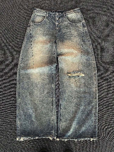 Manfinity EMRG Pánské prané vintage široké džíny s širokými nohavičkami, roztřepené obyčejné tmavě modré dlouhé stažené pytlovité džíny, pro manžela, dárky pro přítele