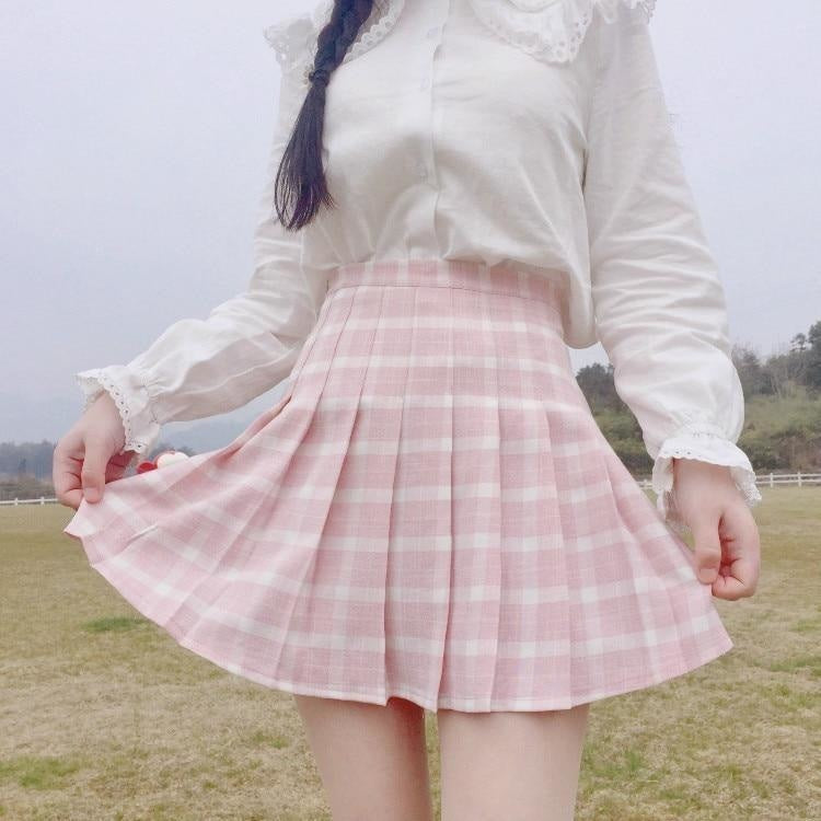 Pink Plaid School Girl Skirt - Pink / L