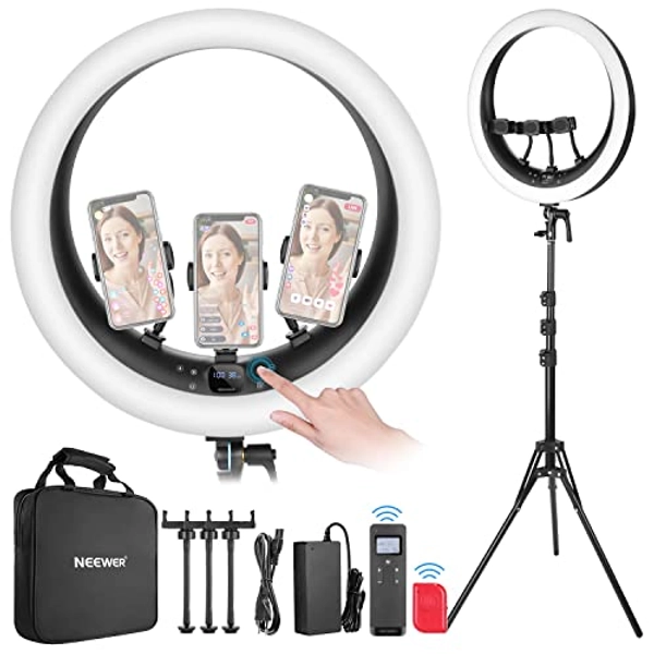 NEEWER Ringlicht RP19H 19Zoll mit Ständer und 3 Telefonhaltern, 2,4G Steuerung, 1% stufenloses Dimmen, LCD und Touch Steuerung, 42W CRI 97+ 2540 Lux, für Streaming Home Office Zoom Call Lighting