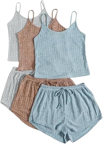 SheIn Women's 3 Sets Rib Knit Lounge Set Crop Cami Top and Tie Front Shorts Sleepwear Pajama Set Multicoloured Small