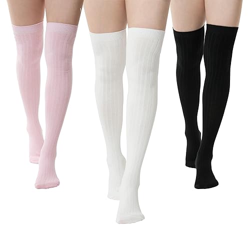 SERICI Thigh-High Socks | Womens Striped Cotton Thigh High Tube Sock | Over Knee Boot Socks - 5-11 - Pink, White, Black