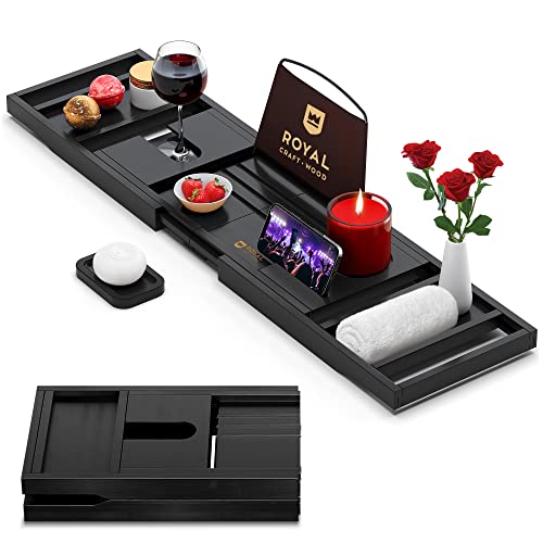ROYAL CRAFT WOOD Foldable Bathtub Tray Caddy Bamboo Bathtub Tray Expandable, Bathroom Tray, Bath Tub Table Caddy with Extending Sides - Free Soap Dish - Black (Foldable)