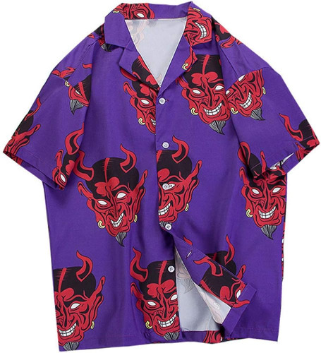 Womens Devil Shirt Print Harajuku Fashion Button Down Japanese Short Sleeve Tops - Purple XX-Large