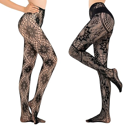 HONENNA Patterned Fishnets Tights Black Pantyhose Stockings for Women, 1-6 Pairs - One Size - 2 Pair Set E
