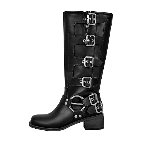 richealnini Women's Riding Boots Pull On Knee High Boots with Buckles Block Heels - 14 - Black