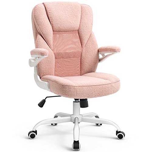 SEATZONE Ergonomic Home Desk Office Chair with Flip-up Armrests and Wheels, Comfortable Swivel Task Executive Pink Computer Chair, Velvet Fabric for Adults and Teens… - Pink